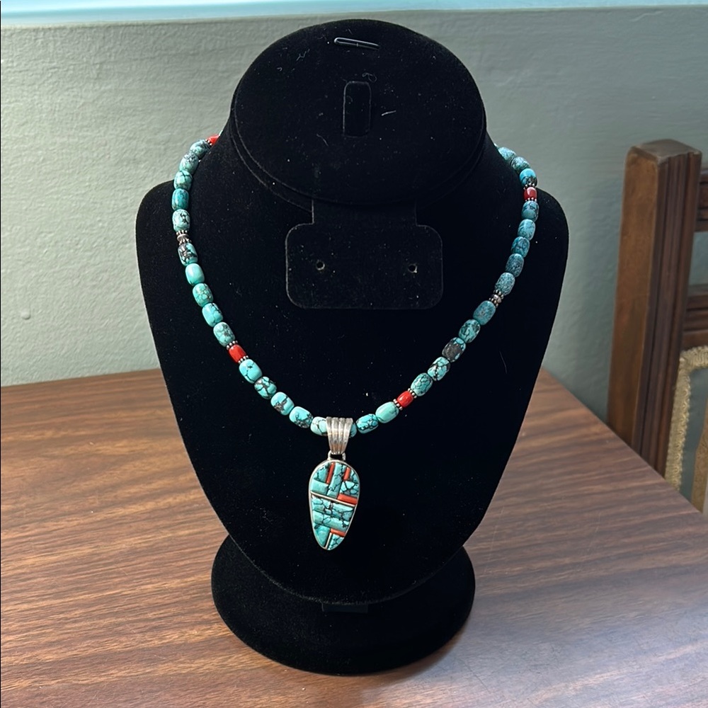 Turquoise and Red Beaded Necklace